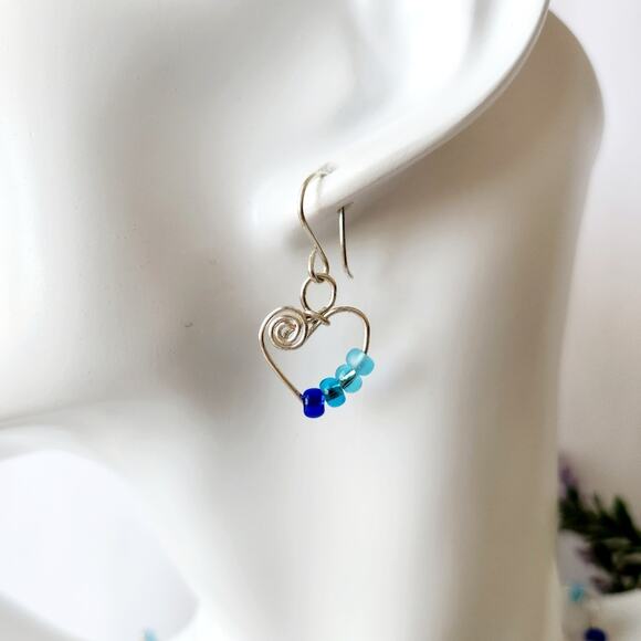Silver Wire Heart Beaded Earrings - Picture 2 of 9